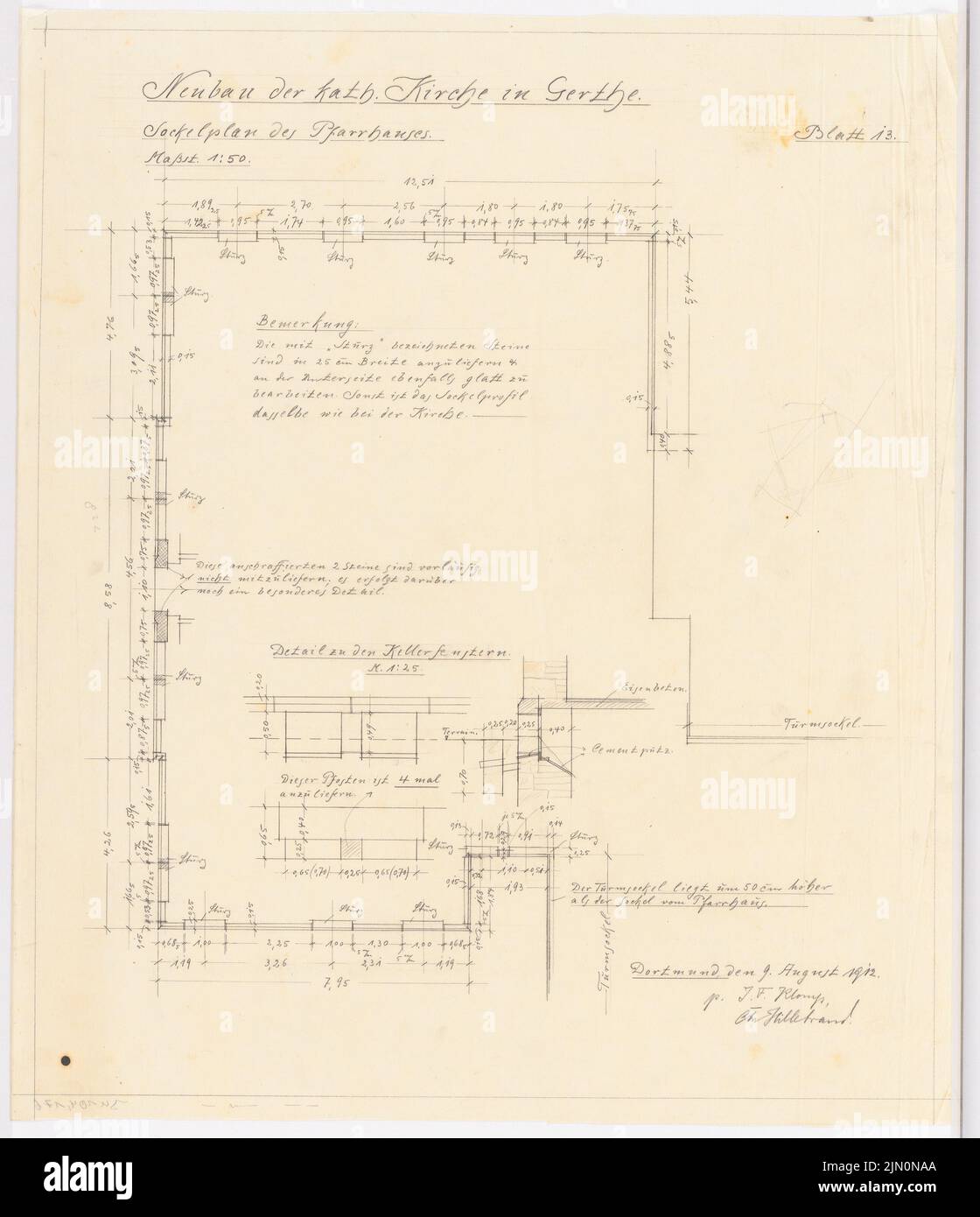 Klomp Johannes Franziskus (1865-1946), Eglise Sainte-Elisabeth (avec presbytère), Bochum-Gerthe (09.08.1912) : presbytère, plan de la douille 1:50. Crayon sur transparent, 57,2 x 49,3 cm (y compris les bords de balayage) Klomp Johannes Franziskus (1865-1946): St. Elisabeth Kirche (mit Pfarrhaus), Bochum-Gerthe Banque D'Images