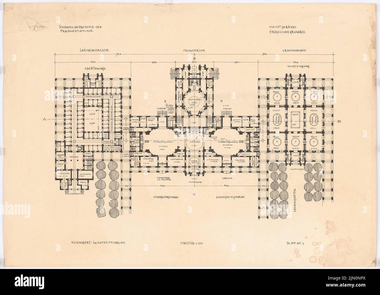 Architecte inconnu, cimetière central à grande échelle. Concours Schinkel 1914 (1914-1914): Grundriss EG 1: 200. Pression sur le carton, 73,5 x 103,9 cm (y compris les bords de numérisation) N.N. : Großstädtischer Zentralfriedhof. Schinkelwettbewerb 1914 Banque D'Images