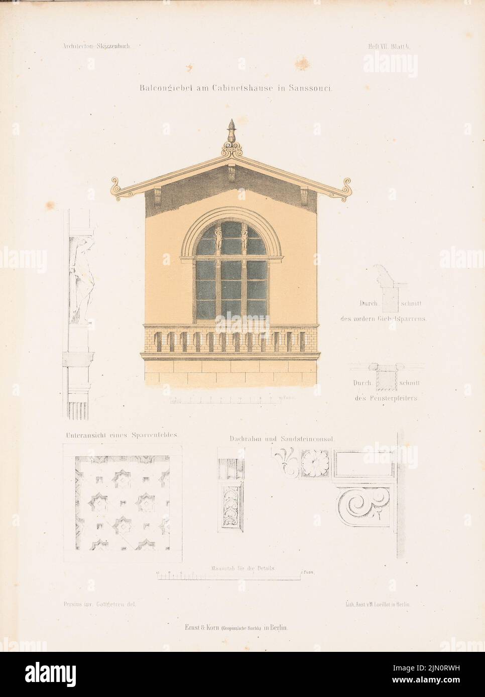 Persius Ludwig (1803-1845), cabinet à Sanssouci, Potsdam. (De : carnet d'esquisses architectural, H. 7, 1853.) (1853-1853): Vue de Giebel, détails. Lithographie colorée sur papier, 33,3 x 24,7 cm (y compris les bords de balayage) Persius Ludwig (1803-1845): Kabinetthaus à Sanssouci, Potsdam. (AUS: Architektonisches Skizzenbuch, H. 7, 1853) Banque D'Images