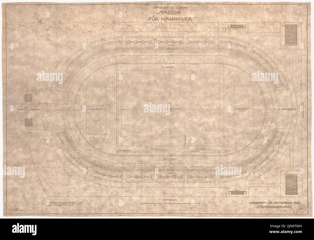 Bureau de bâtiment Hanovre, Stade, Hanovre: Plan d'étage. Cassure légère sur le papier, 89 x 127,7 cm (bord de numérisation inclus). Musée de l'architecture de l'Université technique de Berlin Inv. IgG 1117. Hochbauamt Hanovre : Stadion, Hanovre Banque D'Images