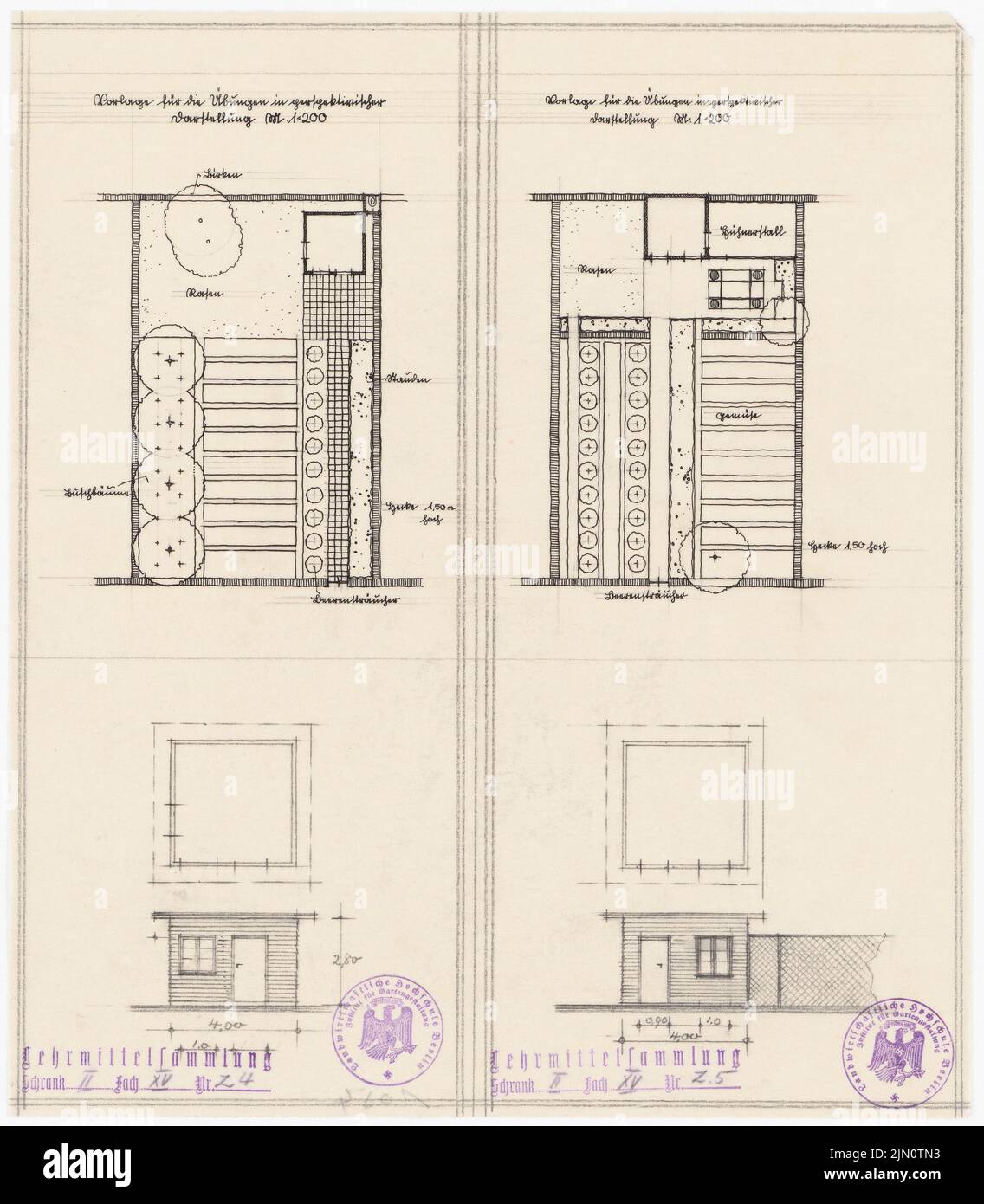 N.N., dessins de jardin (sans date): Plans d'étage, vues. Encre, crayon sur papier, 35,9 x 31,4 cm (y compris les bords de numérisation) N. : Gartenentwürfe Banque D'Images