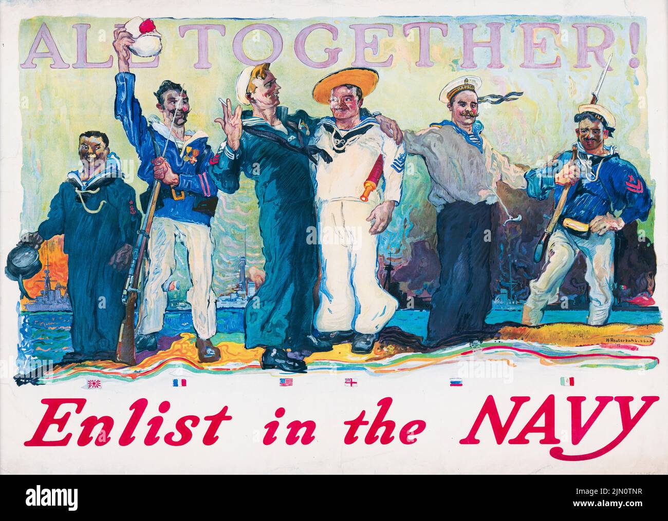 Ensemble ! Enlist in the Navy (1917) affiche de l'ère américaine de la première Guerre mondiale par Henry Reuterdahl Banque D'Images