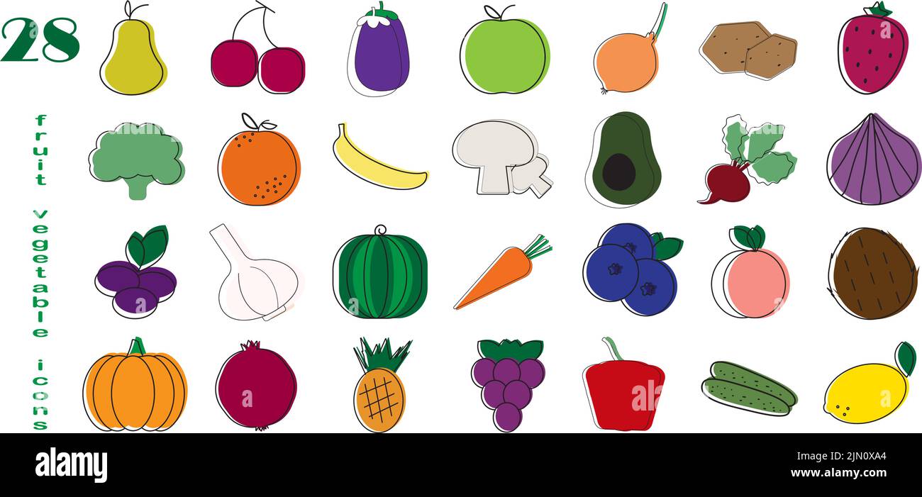 Collection de vingt-huit contours de fruits et légumes. Jeu d'icônes de couleur fruit, illustration vectorielle. Saine alimentation de fruits, mode de vie sain. Illustration de Vecteur