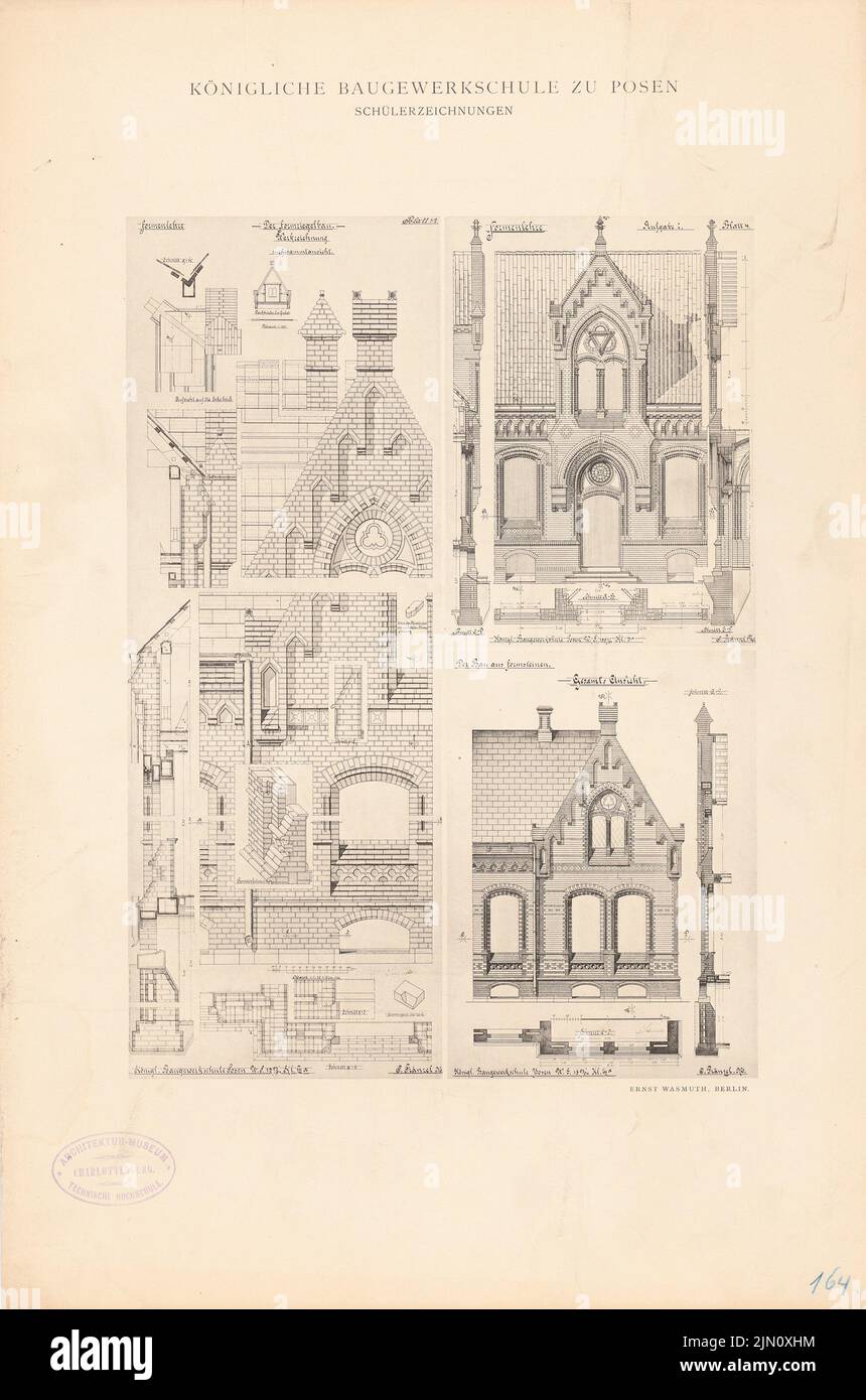 Fränzel O., théorie de la forme, construction de briques (de: école de travail de bâtiment royal à Poznan, dessins des étudiants) (1893-1894): Vues, coupes, plans d'étage. Pression sur carton, 47,6 x 31,5 cm (y compris les bords de balayage) Fränzel O. : Formenlehre, Formziegelbau (Aus: KGL. Baugewerkschule zu Posen, Schülerzeichnungen) Banque D'Images