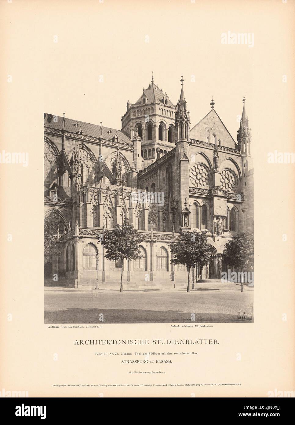 Steinbach Erwin von (1244-1318), Münster à Strasbourg. (Tiré de: Feuilles d'études architecturales, série III, n° 78) (1888): Partie du front sud avec le bâtiment roman: Vue. Légère pression sur le papier, 48,6 x 36,2 cm (y compris les bords de numérisation) Steinbach Erwin von (1244-1318): Münster, Straßburg. (AUS : Architektonische Studienblätter, série III, n° 78) Banque D'Images
