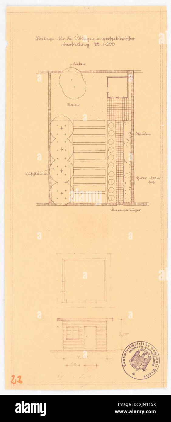 N.N., jardin d'allotement (sans dat.): Plan de plantation, plan d'étage, vues 1: 100. Coupure légère sur le papier, 36,7 x 15,9 cm (y compris les bords de numérisation) N. : Schrebergarten Banque D'Images