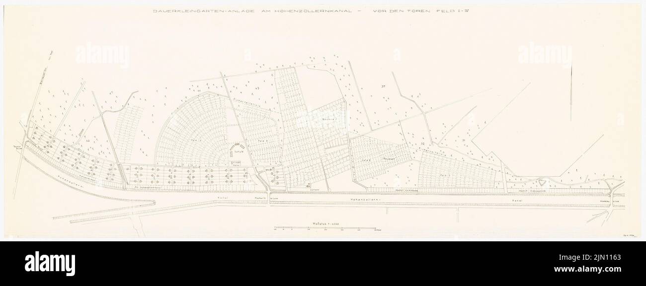 N.N., salle de classe à long terme sur le canal Hohenzollern, Berlin-Spandau (sans dat.): Selon le plan 1: 4000. Coupure légère sur le papier, 35,6 x 95,1 cm (y compris les bords de numérisation) N. : Dauerkleingartenanlage am Hohenzollernkanal, Berlin-Spandau Banque D'Images