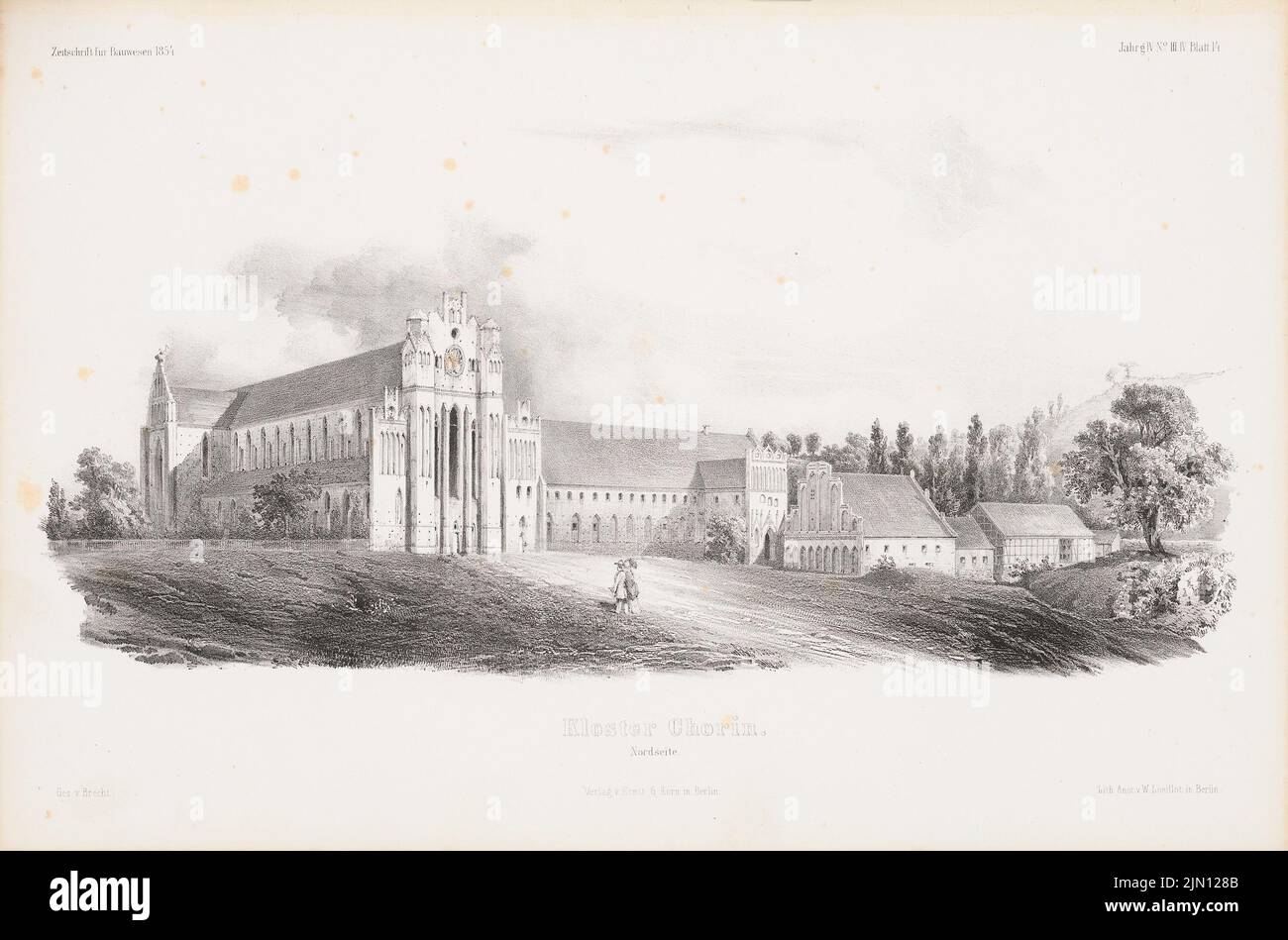 Brecht Paul Rudolph (né en 1828), monastère de chorin. (De : Atlas au magazine for Building, éd. V. G. Erbkam, JG. 4, 1854.) (1854-1854) : vue en perspective du nord. Lithographie sur papier, 28,5 x 43,1 cm (y compris les bords de balayage) Brecht Paul Rudolph (geb. 1828): Kloster Chorin. (AUS: Atlas zur Zeitschrift für Bauwesen, hrsg. V. G. Erbkam, JG. 4, 1854) Banque D'Images