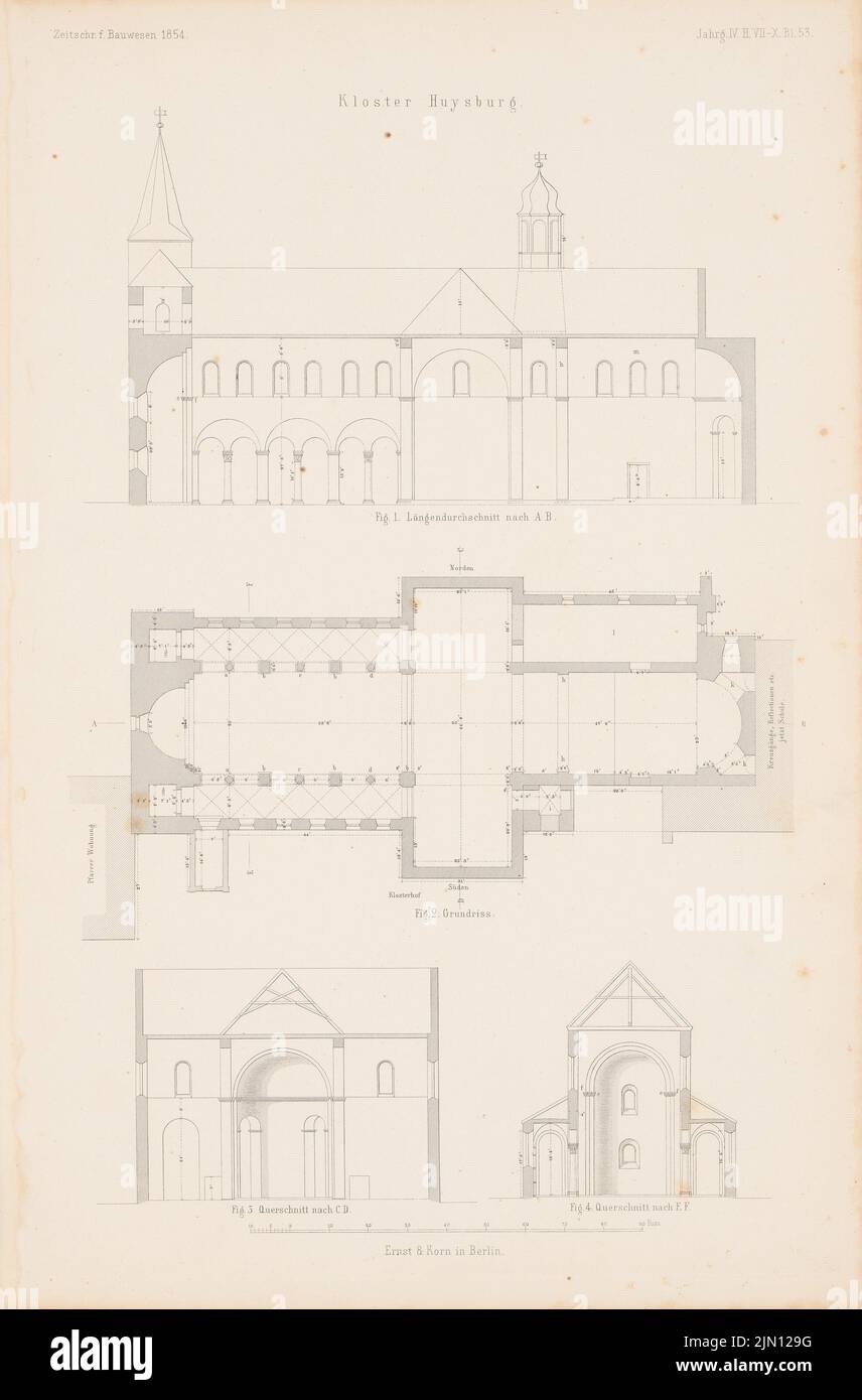 N.N., monastère de Huysburg, Halberstadt. (De : Atlas au magazine for Building, éd. V. G. Erbkam, JG. 4, 1854.) (1854-1854) : plan d'étage, section longitudinale A B, section transversale C D, E F. Stich sur papier, 43 x 28,3 cm (y compris les bords de numérisation) N.N. : Kloster Huysburg, Halberstadt. (AUS: Atlas zur Zeitschrift für Bauwesen, hrsg. V. G. Erbkam, JG. 4, 1854) Banque D'Images