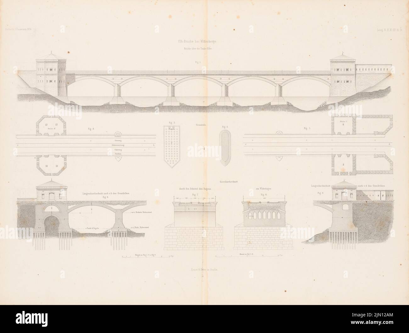 N.N., Elbbrücke, Wittenberge. (De : Atlas au magazine for Building, éd. V. G. Erbkam, JG. 4, 1854.) (1854-1854) : plan d'étage, vue, sections longitudinales, coupes transversales. Couture sur papier, 42,2 x 56,6 cm (y compris les bords de numérisation) Benda Anton Ferdinand (1817-1893): Elbbrücke, Wittenberge. (AUS: Atlas zur Zeitschrift für Bauwesen, hrsg. V. G. Erbkam, JG. 4, 1854) Banque D'Images