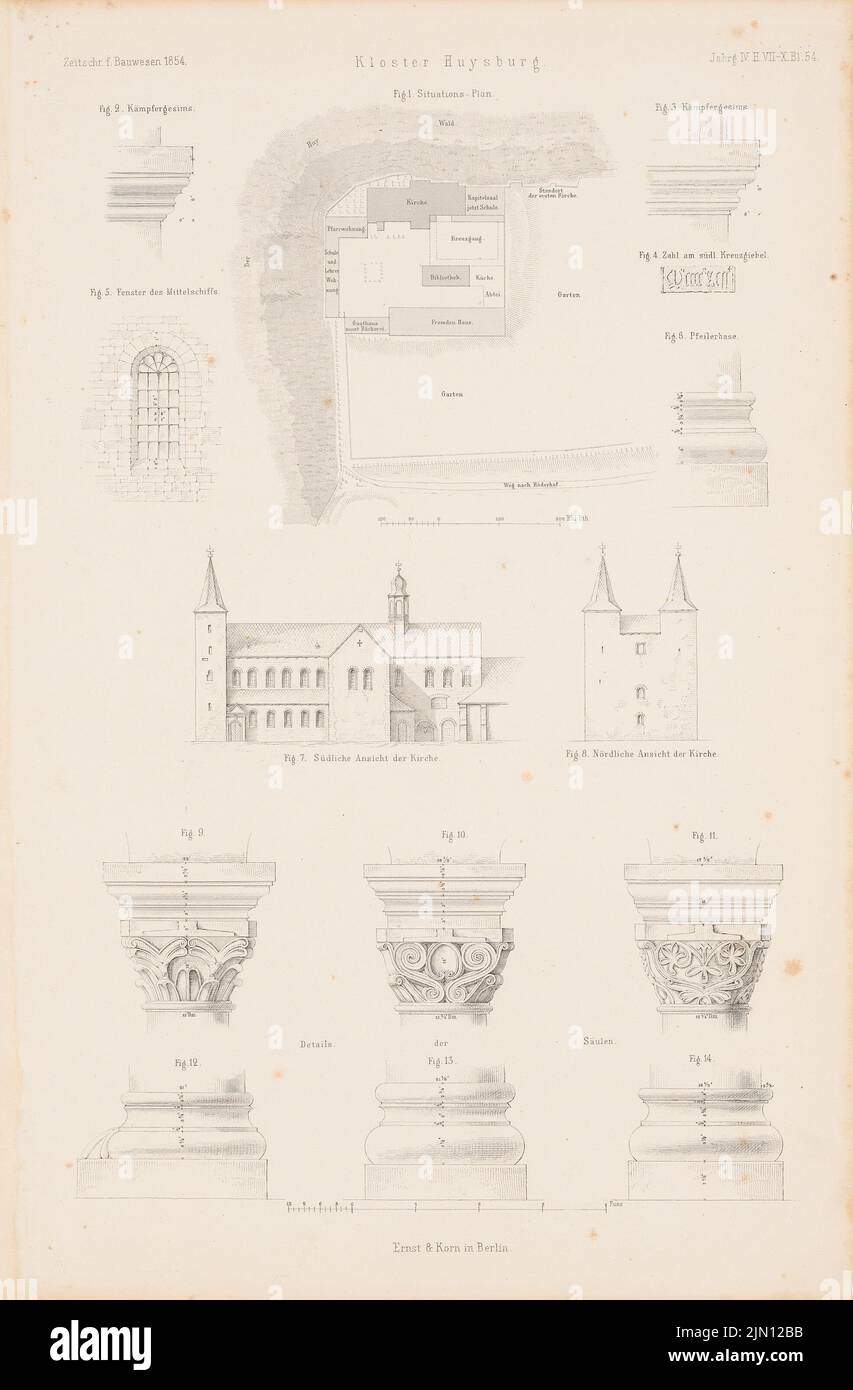 N.N., monastère de Huysburg, Halberstadt. (De : Atlas au magazine for Building, éd. V. G. Erbkam, JG. 4, 1854.) (1854-1854): plan du site, vue du sud, vue du nord, détails. Coudre sur du papier, 43,2 x 28,4 cm (y compris les bords de numérisation) N. : Kloster Huysburg, Halberstadt. (AUS: Atlas zur Zeitschrift für Bauwesen, hrsg. V. G. Erbkam, JG. 4, 1854) Banque D'Images