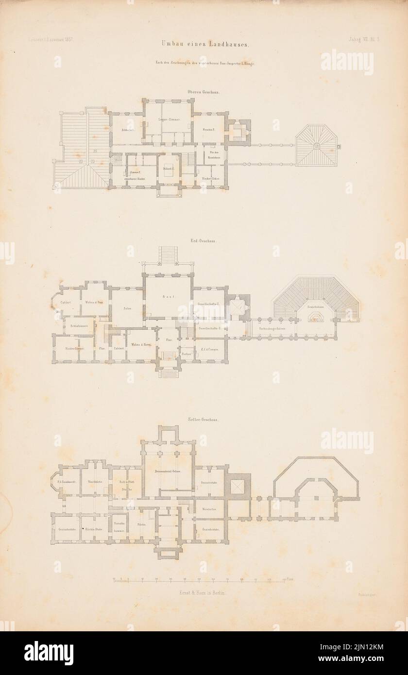 Runge Gotthilf Ludwig (Louis), conversion d'une maison de campagne. (De : Atlas au magazine for Building, éd. V. G. Erbkam, JG. 7, 1857.) (1857-1857): Grundliss Keller, EG, 1st étages. Couture sur papier, 45,2 x 29,3 cm (y compris les bords de balayage) Runge Gotthilf Ludwig (Louis) : Umbau Eines Landhauss. (AUS: Atlas zur Zeitschrift für Bauwesen, hrsg. V. G. Erbkam, JG. 7, 1857) Banque D'Images