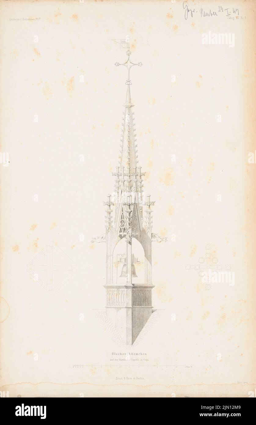 N.N., Rathauskapelle, Cologne. (De : Atlas au magazine for Building, éd. V. G. Erbkam, JG. 7, 1857.) (1857-1857): Vue, coupe horizontale du clocher. Coudre sur du papier, 45,5 x 29,4 cm (y compris les bords de numérisation) N. : Rathauskapelle, Köln. (AUS: Atlas zur Zeitschrift für Bauwesen, hrsg. V. G. Erbkam, JG. 7, 1857) Banque D'Images