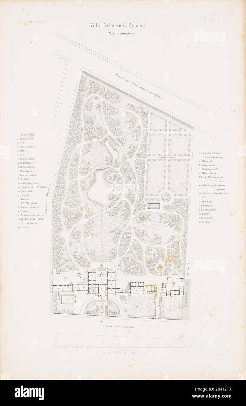 N.N., Villa Eichborn, Breslau. (De : Atlas au magazine for Building, éd. V. G. Erbkam, JG. 7, 1857.) (1857-1857): plan du site. Point sur papier, 45,3 x 29,4 cm (y compris les bords de balayage) Waesemann Hermann Friedrich (1813-1879): Villa Eichborn, Breslau. (AUS: Atlas zur Zeitschrift für Bauwesen, hrsg. V. G. Erbkam, JG. 7, 1857) Banque D'Images