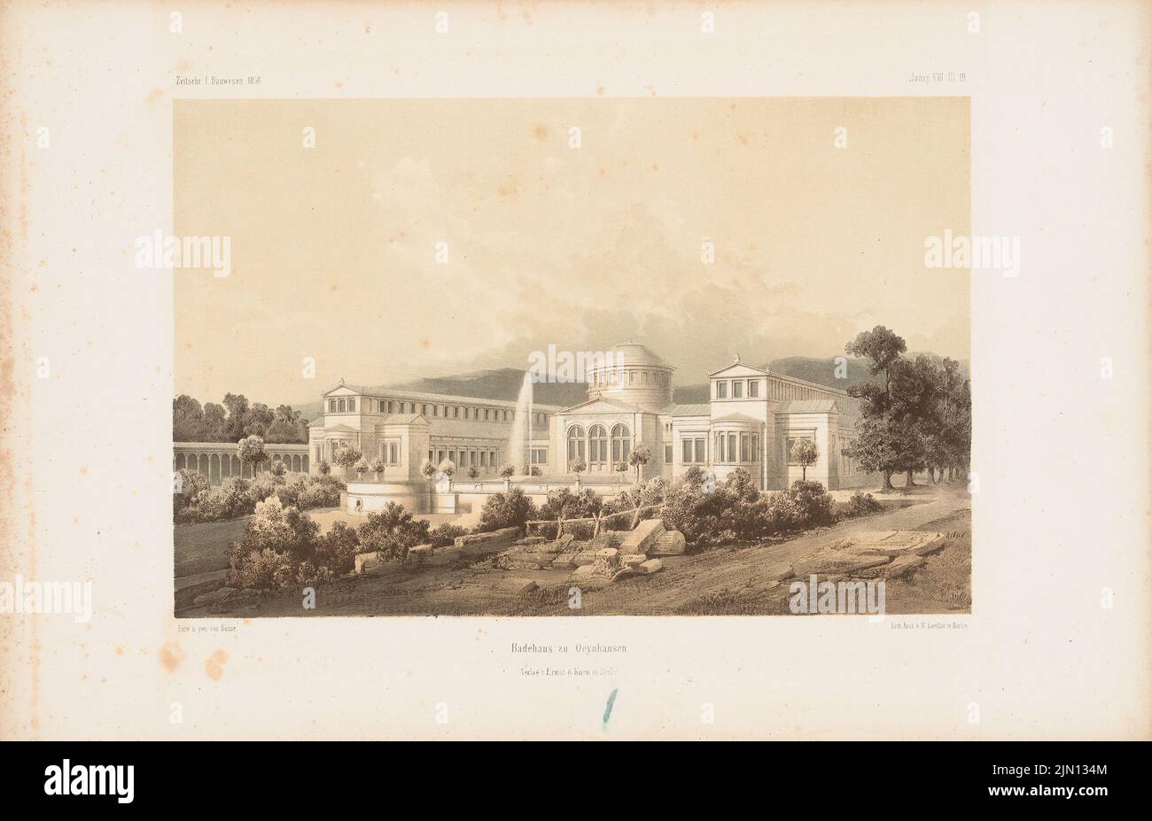 Busse Carl Ferdinand (1802-1868), Solbadhaus à Bad Oeynhausen. (De : Atlas au magazine for Building, éd. V. G. Erbkam, JG. 8, 1858.) (1858-1858) : vue en perspective. Lithographie colorée sur papier, 29,3 x 45,4 cm (y compris les bords de balayage) Busse Carl Ferdinand (1802-1868): Solbadehaus I, Bad Oeynhausen. (AUS: Atlas zur Zeitschrift für Bauwesen, hrsg. V. G. Erbkam, JG. 8, 1858) Banque D'Images