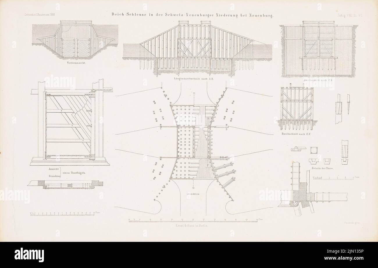 N.N., Deichschleuse, Neuchâtel. (De : Atlas au magazine for Building, éd. V. G. Erbkam, JG. 8, 1858.) (1858-1858): Plan d'étage, vue de l'avant, section longitudinale A B, coupe C D, Détails. Coudre sur du papier, 29,1 x 45,4 cm (y compris les bords de numérisation) N. : Deichschleuse, Neuenburg. (AUS: Atlas zur Zeitschrift für Bauwesen, hrsg. V. G. Erbkam, JG. 8, 1858) Banque D'Images