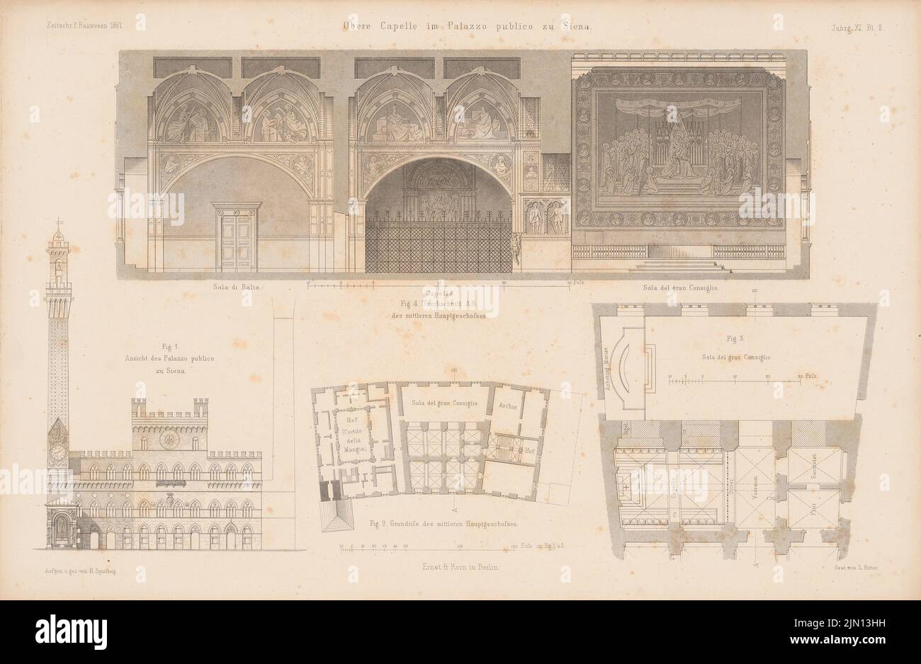 Spielberg Herrmann (1827-1886), Palazzo Pubblico, Sienne. (De : Atlas to the magazine for Building, éd. V. G. Erbkam, né le 11, 1861.) (1861-1861): Grundrisse, vue, coupe une b chapelle. Piqûre sur papier, 29,5 x 45,1 cm (y compris les bords de numérisation) Spielberg Herrmann (1827-1886) : Palazzo Pubblico, Sienne. (AUS: Atlas zur Zeitschrift für Bauwesen, hrsg. V. G. Erbkam, JG. 11, 1861) Banque D'Images