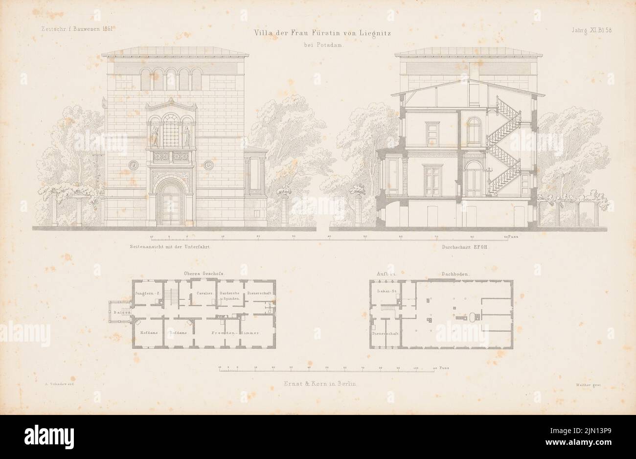 Schadow Albert Dietrich (1797-1869), Villa Liegnitz, Potsdam. (De : Atlas au magazine for Building, éd. V. G. Erbkam, JG. 11, 1861.) (1861-1861) : plan d'étage, toit, vue latérale, coupe. Point sur papier, 29,5 x 45,2 cm (y compris les bords de balayage) Schadow Albert Dietrich (1797-1869): Villa Liegnitz, Potsdam. (AUS: Atlas zur Zeitschrift für Bauwesen, hrsg. V. G. Erbkam, JG. 11, 1861) Banque D'Images