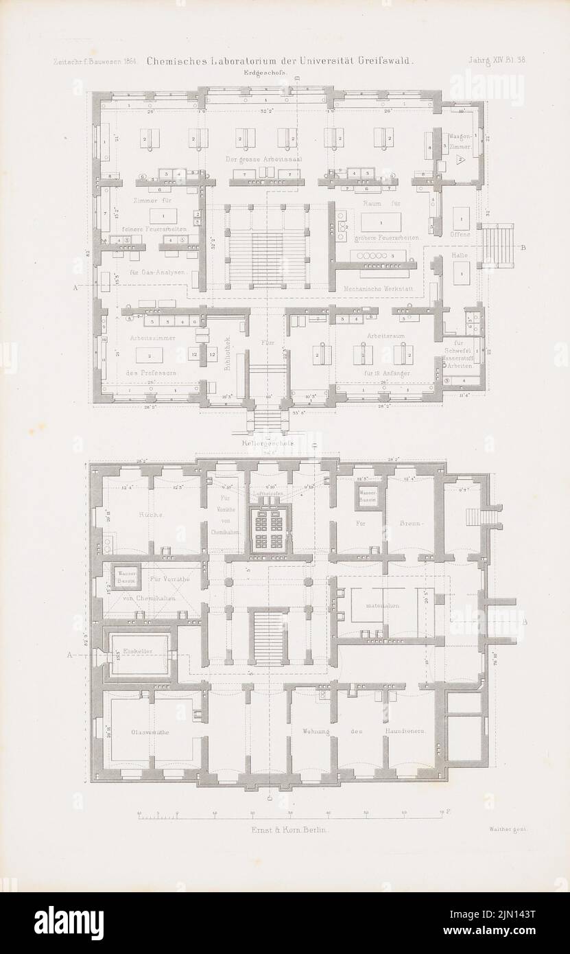 N.N., Laboratoire de chimie de l'Université, Greifswald. (De : Atlas au magazine for Building, éd. V. G. Erbkam, JG. 14, 1864.) (1864-1864): Grundliss Keller, EG. Couture sur papier, 45,5 x 29,1 cm (y compris les bords) Müller Georg : Universität Greifswald. Institut des Chemisches. (AUS: Atlas zur Zeitschrift für Bauwesen, hrsg. V. G. Erbkam, JG. 14, 1864) Banque D'Images