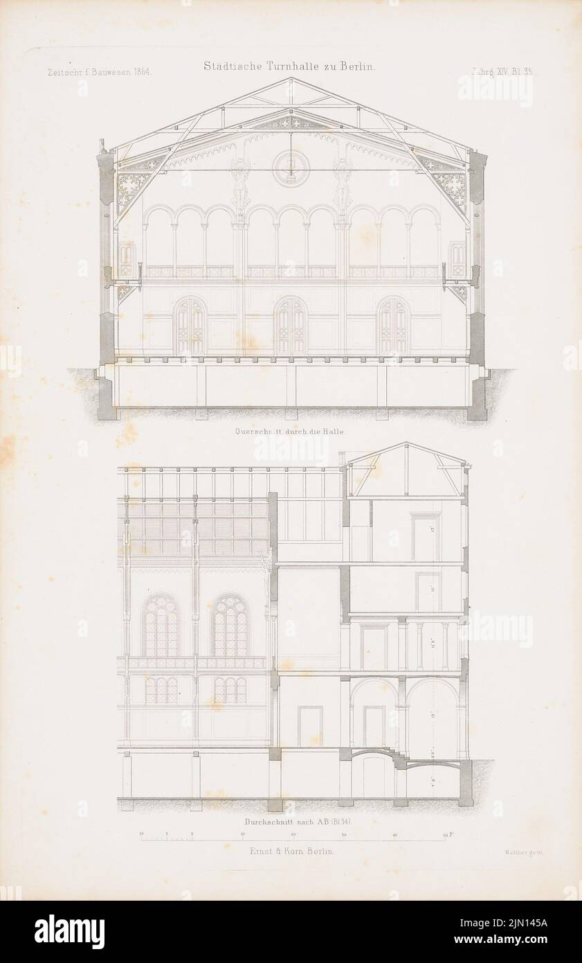 N.N., gymnase municipal, Berlin. (De : Atlas to the magazine for Building, éd. V. G. Erbkam, né le 14, 1864.) (1864-1864): Couper A B, couper à travers le hall. Coudre sur du papier, 45,4 x 29,4 cm (y compris les bords de numérisation) N. : Städtische Turnhalle, Berlin. (AUS: Atlas zur Zeitschrift für Bauwesen, hrsg. V. G. Erbkam, JG. 14, 1864) Banque D'Images