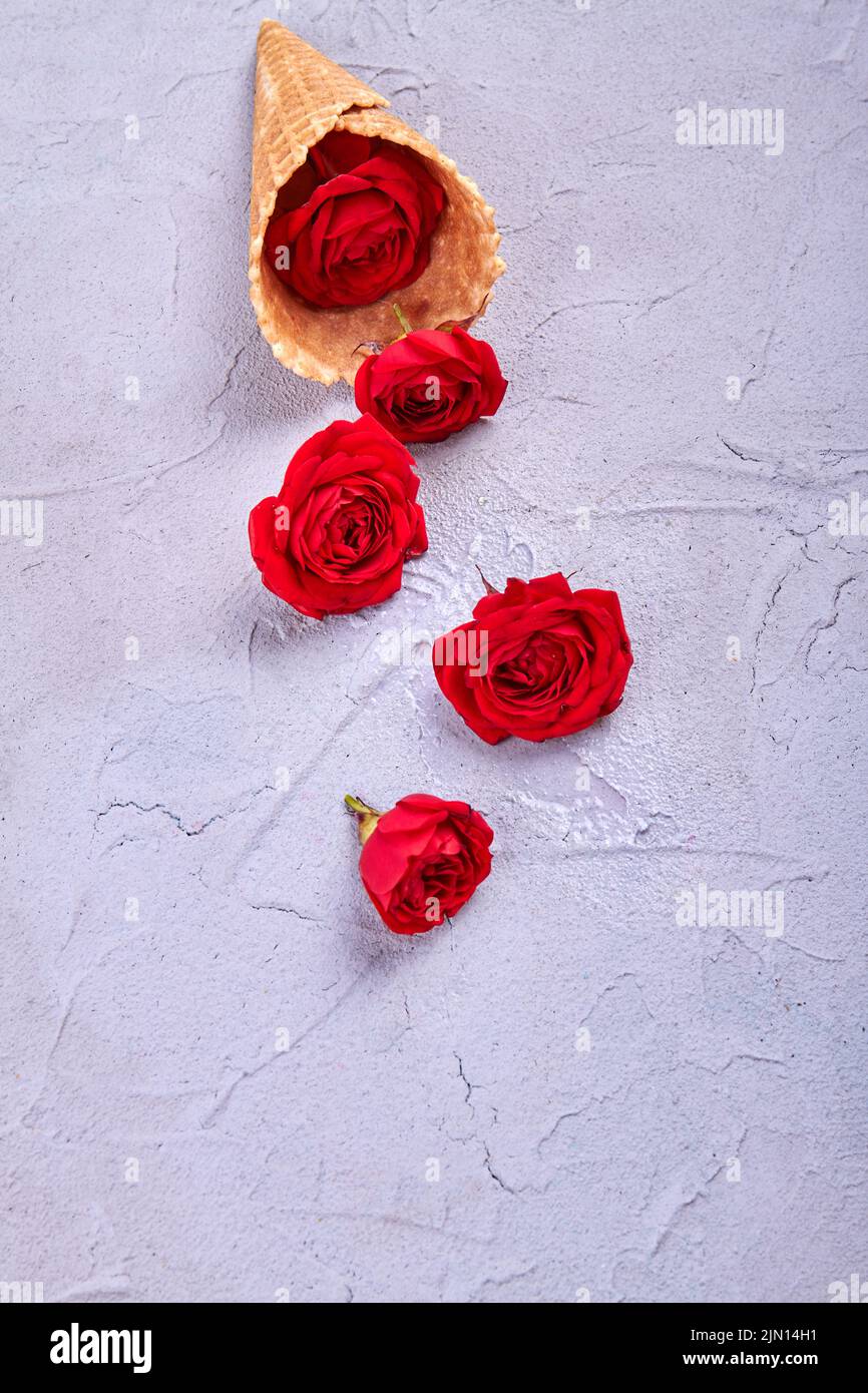 Injection verticale de cornet de glace gaufrée avec roses. Surface de mastic grise. Banque D'Images