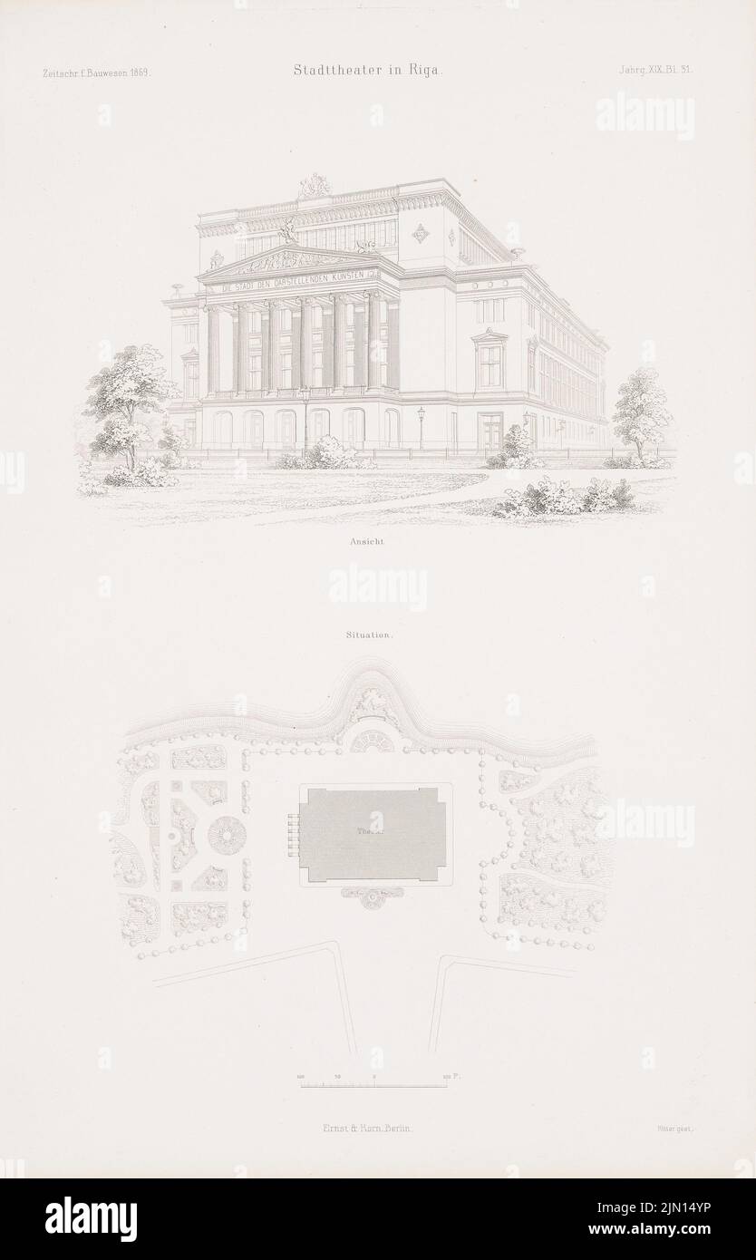 N.N., Stadttheater, Riga. (De : Atlas au magazine for Building, éd. V. G. Erbkam, JG. 19, 1869.) (1869-1869) : selon le plan, vue en perspective. Coudre sur du papier, 43,6 x 28 cm (y compris les bords de numérisation) N. : Stadttheater, Riga. (AUS: Atlas zur Zeitschrift für Bauwesen, hrsg. V. G. Erbkam, JG. 19, 1869) Banque D'Images