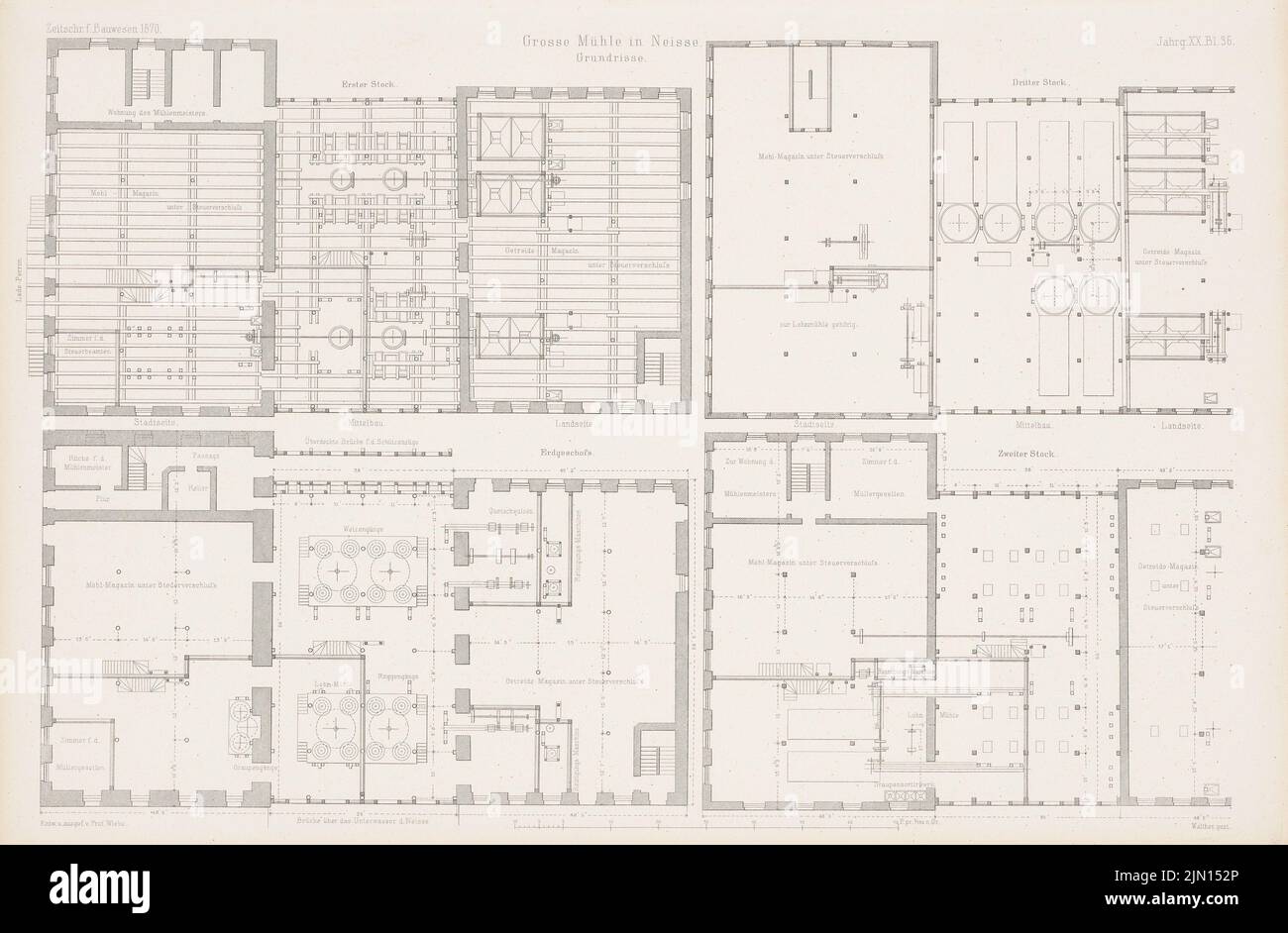 Wiebe, grande usine, Neisse. (De : Atlas au magazine for Building, éd. V. G. Erbkam, JG. 20, 1870.) (1870-1870): Grundriss EG, 1st étage, 3rd, 3rd, 3rd piqûre sur papier, 28,9 x 44,1 cm (y compris les bords de balayage) Wiebe : Große Mühle, Neiße. (AUS: Atlas zur Zeitschrift für Bauwesen, hrsg. V. G. Erbkam, JG. 20, 1870) Banque D'Images