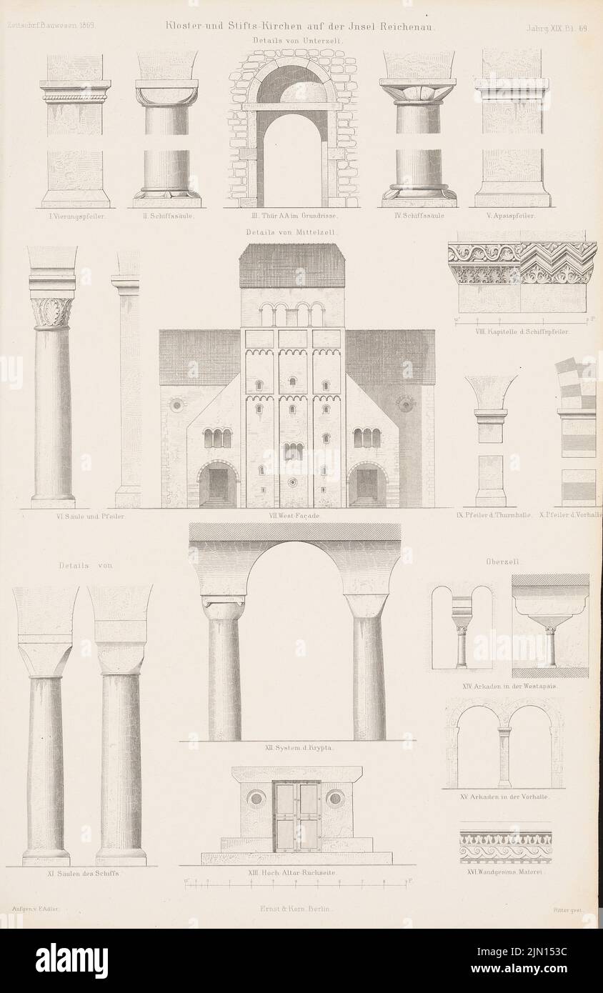 Adler Friedrich (1827-1908), Klosterkirche Mittelzell, St. Georg, Oberzell, Stiftskirche Unterzell, Reichenau. (De : Atlas au magazine for Building, éd. V. G. Erbkam, JG. 19 (1869-1869): Vue de Mittelzell Ouest, détails sur papier, 43,8 x 28,5 cm (y compris les bords de balayage) Adler Friedrich (1827-1908): Klosterkirche Mittelzell, St. Georg, Oberzell, Stiftskirche Unterzell, Reichenau. (AUS: Atlas zur Zeitschrift für Bauwesen, hrsg. V. G. Erbkam, JG. 19, 1869) Banque D'Images