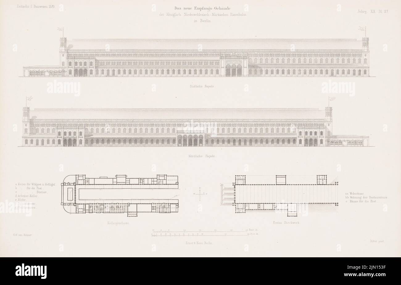 Römer Eduard (1814-1895), nouveau bâtiment de réception du Royal Lower Silesian-Märkische Railway, Berlin. (De : Atlas au magazine for Building, éd. V. G. Erbkam, JG. 2 (1870-1870): Grundliss Keller, 1st étages, vue du sud, vue du nord. Couture sur papier, 28,3 x 44 cm (y compris Scan edges) Römer Eduard (1814-1895): Niederschlesisch-Märkischer Bahnhof (Schlesischer Bahnhof, Ostbahnhof), Berlin. (AUS: Atlas zur Zeitschrift für Bauwesen, hrsg. V. G. Erbkam, JG. 20, 1870) Banque D'Images