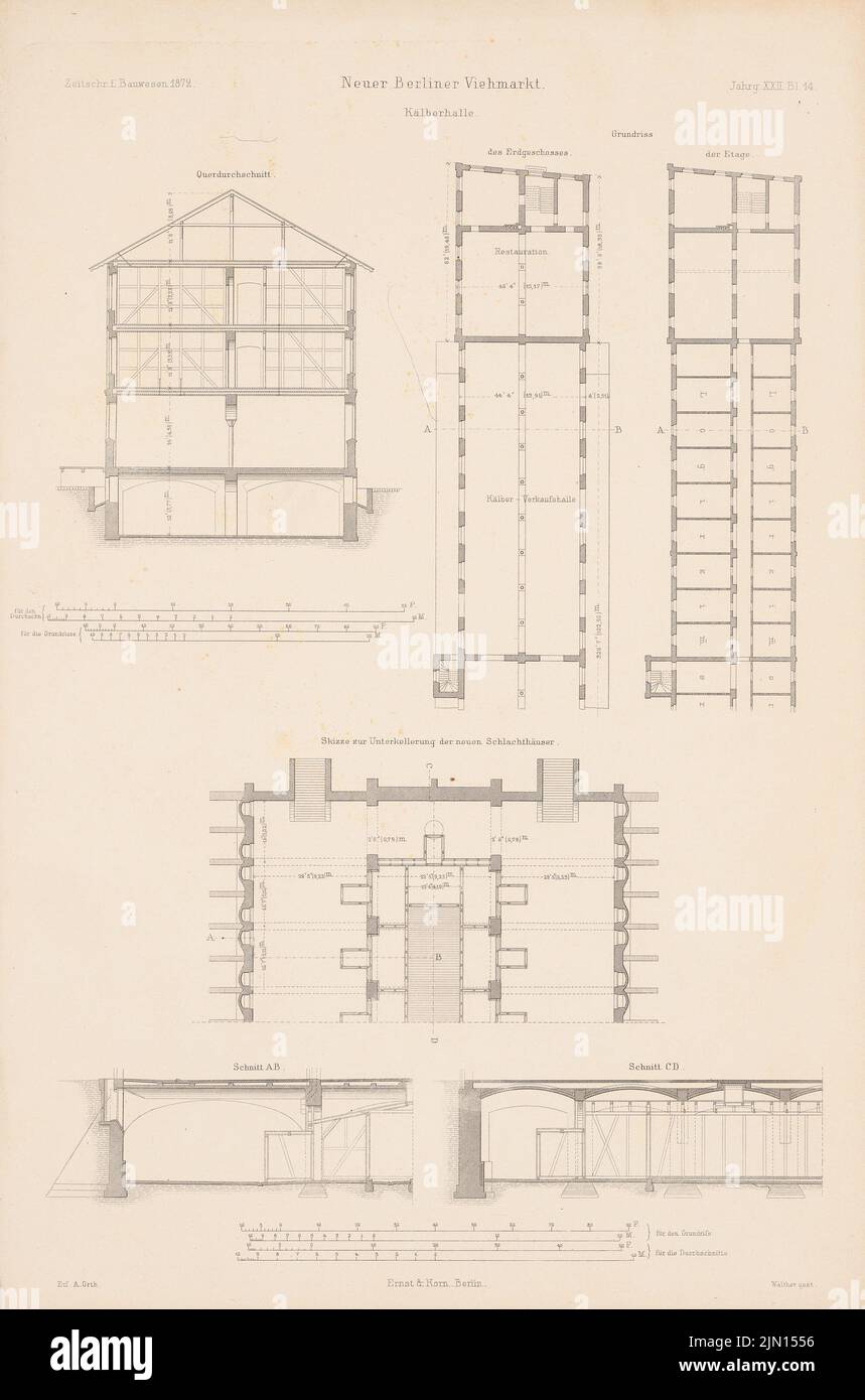 Orth August (1828-1901), marché du bétail et abattoir à Berlin. (De : Atlas au magazine for Building, éd. V. G. Erbkam, JG. 22, 1872.) (1872-1872): Grundriss EG, 1st étage, coupe transversale de veaux, caves, coupe a b, couper c d abattoir. Couture sur papier, 43,9 x 29 cm (y compris les bords de balayage) Orth August (1828-1901): Viehmarkt und Schlachthof, Berlin. (AUS: Atlas zur Zeitschrift für Bauwesen, hrsg. V. G. Erbkam, JG. 22, 1872) Banque D'Images