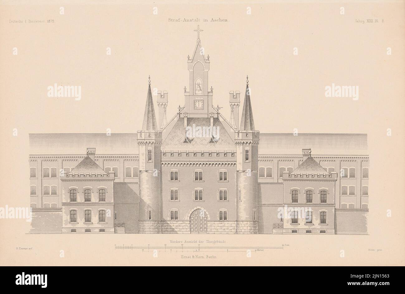 Cremer Robert (1826-1882), prison d'Aix-la-Chapelle. (De : Atlas au magazine for Building, éd. V. G. Erbkam, JG. 22, 1872.) (1872-1872): Voir le bâtiment de but de l'avant. Couture sur papier, 28,7 x 43,6 cm (y compris les bords de numérisation) Cremer Robert (1826-1882): Strafanstalt, Aachen. (AUS: Atlas zur Zeitschrift für Bauwesen, hrsg. V. G. Erbkam, JG. 22, 1872) Banque D'Images