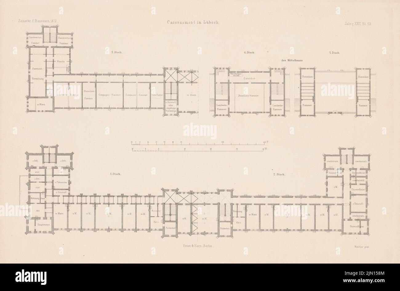 N.N., casernes, Lübeck. (De : Atlas au magazine for Building, éd. V. G. Erbkam, JG. 22, 1872.) (1872-1872) : parquet Grundriss 1st, 2nd, 3rd, 4, 4th piqûre sur papier, 28,6 x 43,5 cm (y compris les bords de numérisation) N.N. : Kaserne, Lübeck. (AUS: Atlas zur Zeitschrift für Bauwesen, hrsg. V. G. Erbkam, JG. 22, 1872) Banque D'Images