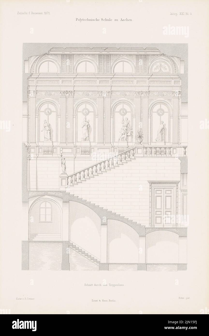 N.N., École polytechnique, Aix-la-Chapelle. (De : Atlas au magazine for Building, éd. V. G. Erbkam, JG. 21, 1871.) (1871-1871): Couper à travers l'escalier. Couture sur papier, 43,9 x 29,3 cm (y compris les bords de numérisation) Cremer Robert (1826-1882): Polytechniche Schule, Aachen. (AUS: Atlas zur Zeitschrift für Bauwesen, hrsg. V. G. Erbkam, JG. 21, 1871) Banque D'Images