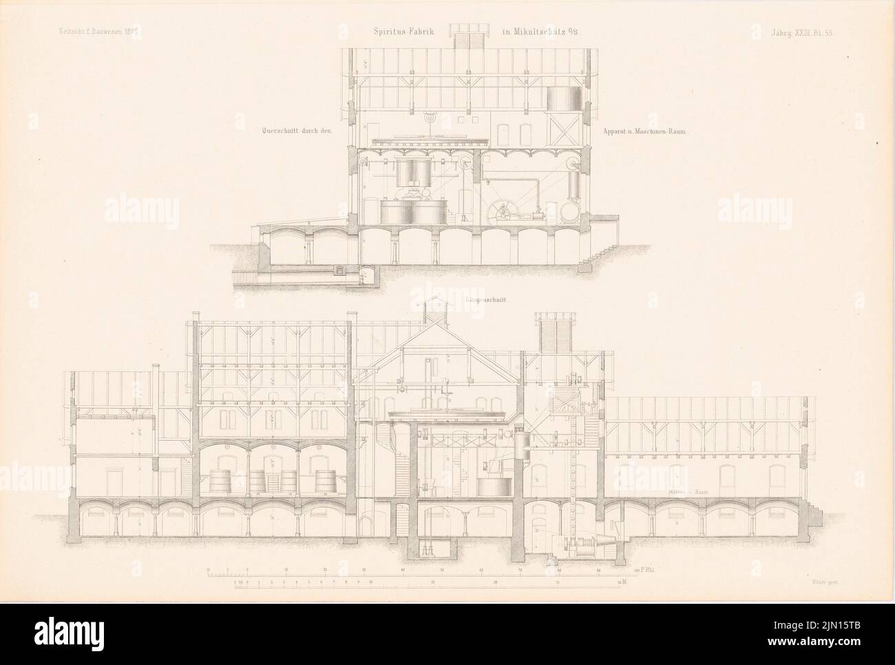 N.N., usine Spiritus, Mikultschitz. (De : Atlas au magazine for Building, éd. V. G. Erbkam, JG. 23, 1873.) (1873-1873) : coupe transversale dans la salle des machines, coupe longitudinale. Coudre sur du papier, 30 x 44,4 cm (y compris les bords de numérisation) N. : Spiritusfabrik, Mikultschitz. (AUS: Atlas zur Zeitschrift für Bauwesen, hrsg. V. G. Erbkam, JG. 23, 1873) Banque D'Images