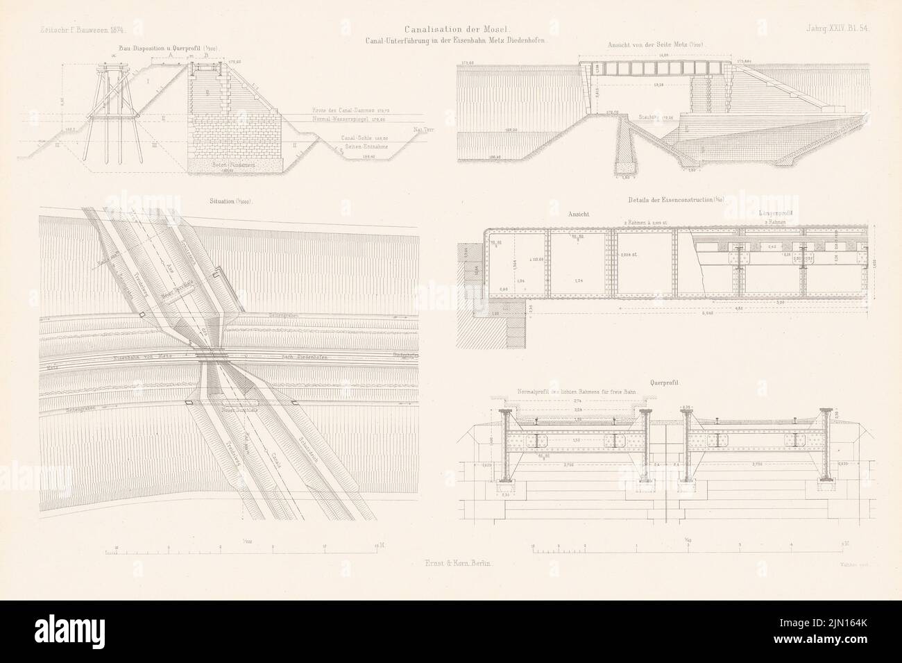 N.N., assainissement de la Moselle, Metz. (De : Atlas au magazine for Building, éd. V. G. Erbkam, JG. 24, 1874.) (1874-1874): Plan du site, coupe le passage inférieur du canal près de Metz. Coudre sur du papier, 28,7 x 43,2 cm (y compris les bords de numérisation) N. : Kanalisation der Mosel, Metz. (AUS: Atlas zur Zeitschrift für Bauwesen, hrsg. V. G. Erbkam, JG. 24, 1874) Banque D'Images