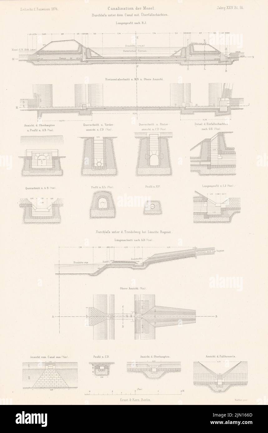 N.N., assainissement de la Moselle. (De : Atlas au magazine for Building, éd. V. G. Erbkam, JG. 24, 1874.) (1874-1874): Vues, coupes. Coudre sur du papier, 43,2 x 28,6 cm (y compris les bords de numérisation) N. : Kanalisation der Mosel. (AUS: Atlas zur Zeitschrift für Bauwesen, hrsg. V. G. Erbkam, JG. 24, 1874) Banque D'Images
