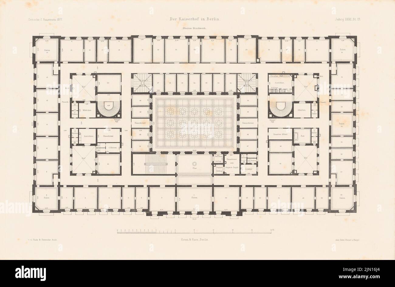 Hude & Hennicke, Hotel Kaiserhof Berlin. (De : Atlas au magazine for Building, éd. V.F. Endell, JG. 27, 1877.) (1877-1877): Grundliss 1st étage. Pression sur le papier, 30 x 45,6 cm (y compris les bords de numérisation) Hude & Hennicke : Hotel Kaiserhof, Berlin. (AUS: Atlas zur Zeitschrift für Bauwesen, hrsg. V. F. Endell, JG. 27, 1877) Banque D'Images