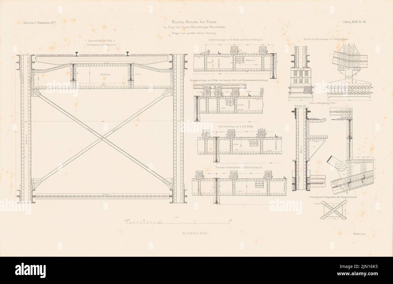 N.N., pont de Warthe, Poznan. (De : Atlas au magazine for Building, éd. V.F. Endell, JG. 27, 1877.) (1877-1877): section transversale, détails. Pression sur le papier, 29,8 x 45,7 cm (y compris les bords de numérisation) N. : Warthe-Brücke, Posen. (AUS: Atlas zur Zeitschrift für Bauwesen, hrsg. V. F. Endell, JG. 27, 1877) Banque D'Images