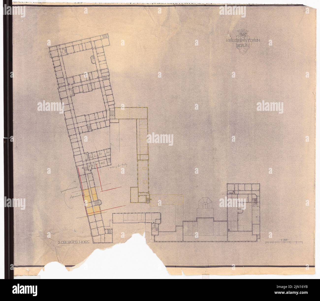 Drewitz Wilhelm (1806-1888), ministère de l'aviation de Reich, Berlin (bâtiments prédécesseurs): Ancien ministère de la guerre: Complexe général: Grundriss 3rd OG 1: 250. Crayon de couleur sur une cassure de la boîte, 91,1 x 104,6 cm (bord de numérisation inclus). Musée de l'architecture de l'Université technique de Berlin Inv. N° 53226. Drewitz Wilhelm (1806-1888): Reichsluftfahrtministerium, Berlin (Vorgängerbauten): Ehemaliges Kriegsministerium Banque D'Images