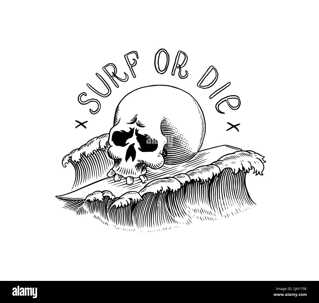 Crâne sur les vagues de la mer. Inscription squelette de snowboard. Étiquette pour la typographie. Circuit rétro vintage à bord. Modèle pour t-shirt et logo. Main Illustration de Vecteur