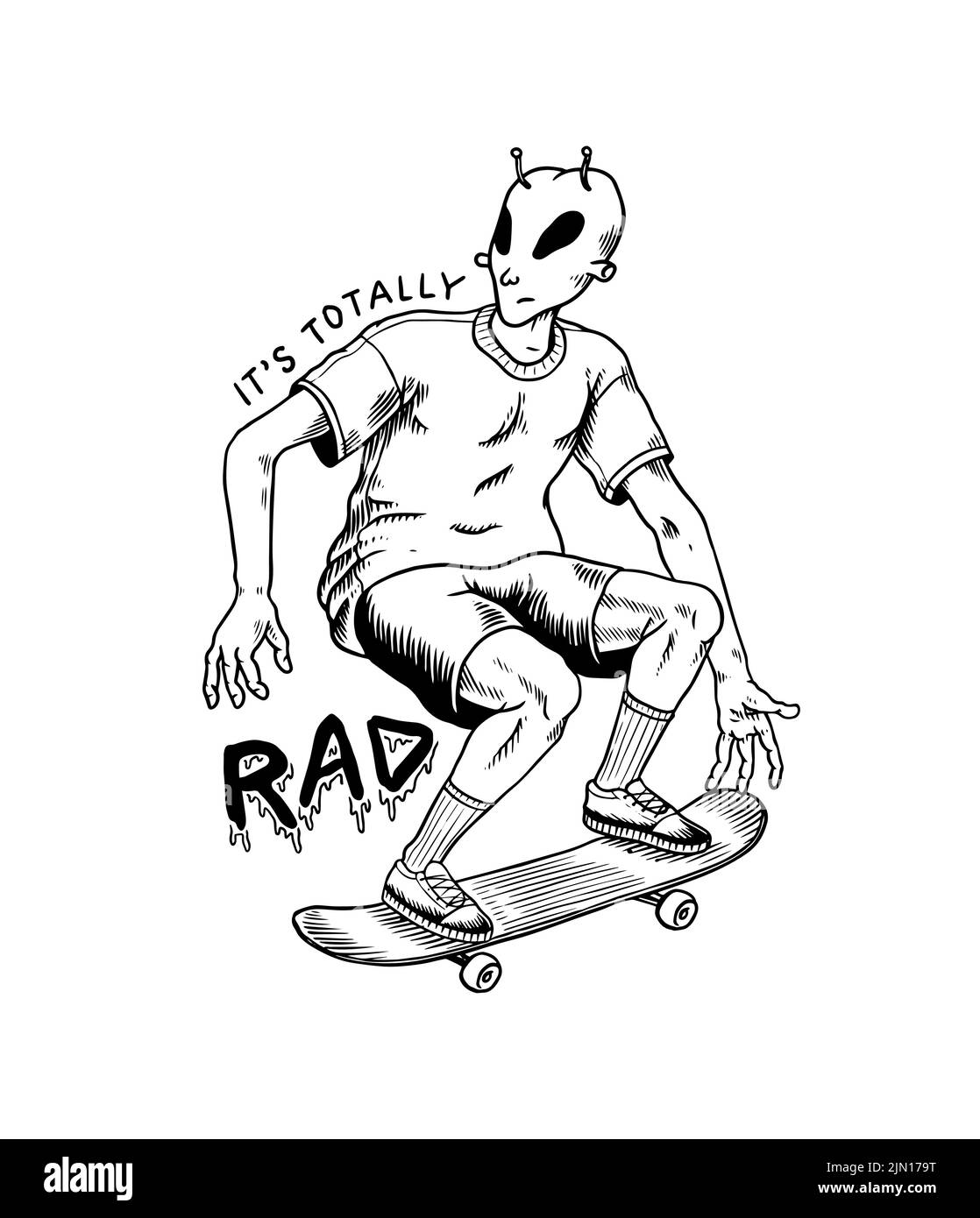 Patineuse extraterrestre. Un homme passe dans un t-shirt et un short. Emblème du skateboard. Étiquettes rétro et badges vintage pour la typographie. Esquisse gravée dessinée à la main. Illustration de Vecteur