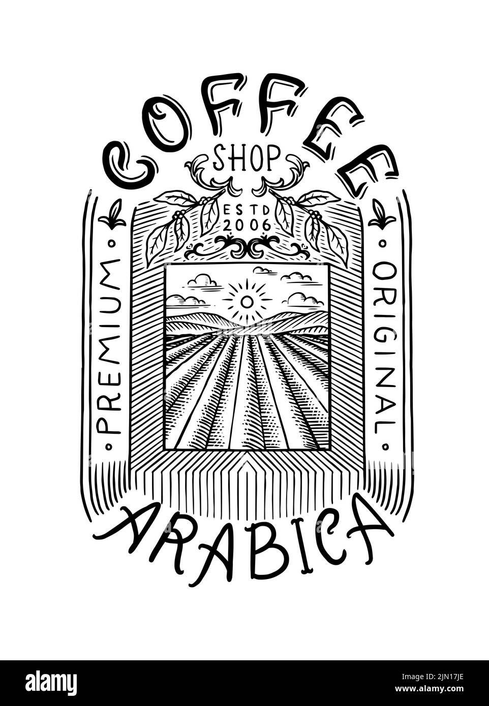 Paysage de plantation de café. Emblème rétro vintage ou logo et emblème. Esquisse gravée dessinée à la main. Modèles pour boutique ou tee-shirts. Illustration de Vecteur