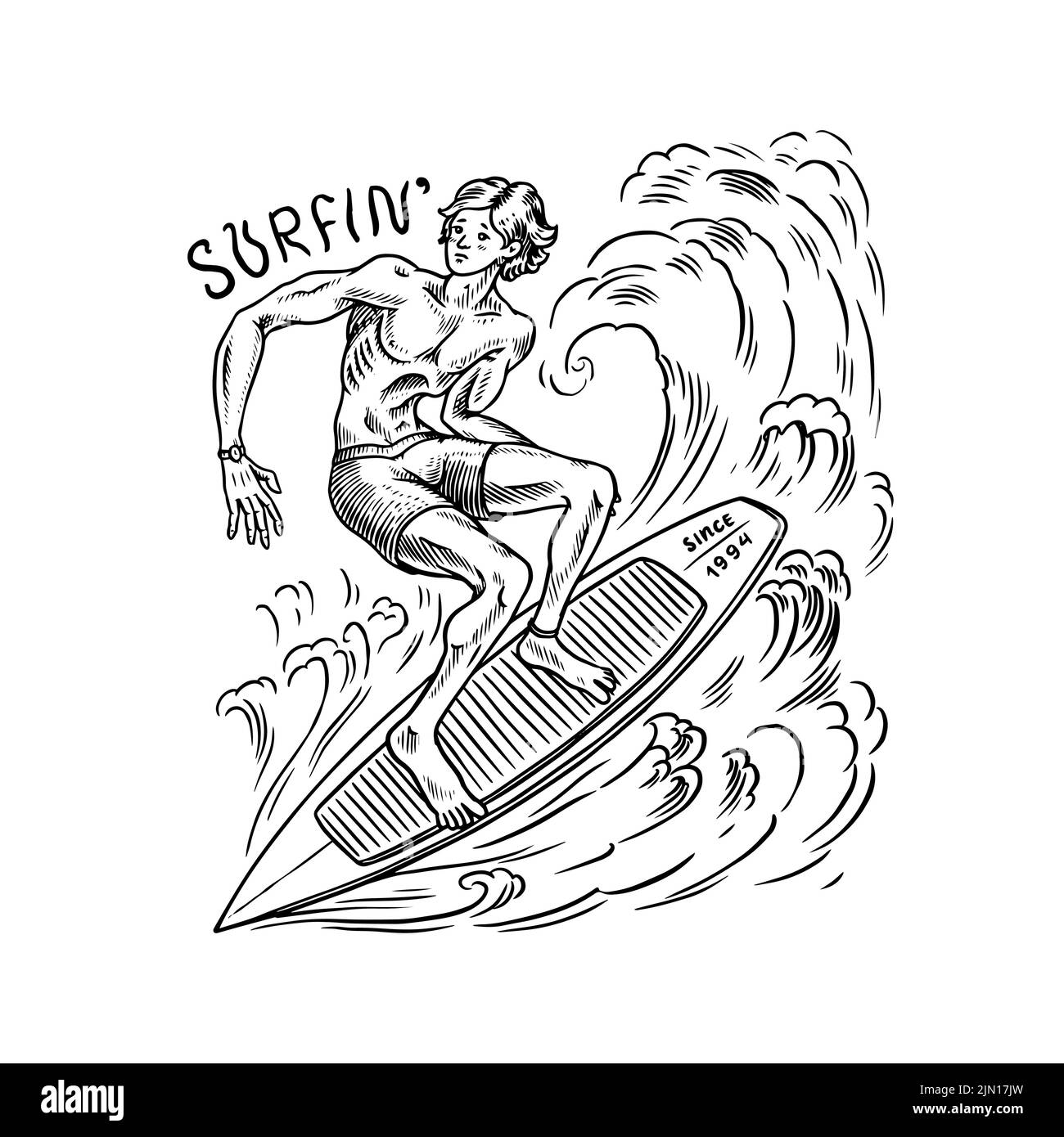 Le surfeur passe les vagues à bord. Panneau Summer Surf. Carte de Californie. Vintage Man sur la planche de surf, la plage et la mer. Emblème gravé à la main. Illustration de Vecteur