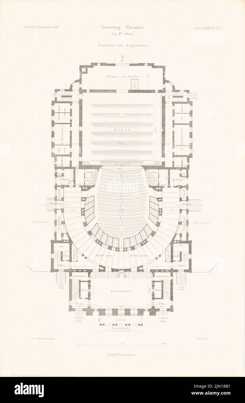 Hude & Hennicke, Lessing-Theatre, Berlin. (De : Atlas à la revue for Building, éd. V. Ministry of public Work, JG. 39, 1889) (1889-1889): Grundriss EG. Couture sur papier, 46,1 x 30 cm (y compris les bords de numérisation) Hude & Hennicke : Lessing-Theatre, Berlin. (AUS: Atlas zur Zeitschrift für Bauwesen, hrsg. V. Ministerium der öffentlichen Arbeiten, JG. 39, 1889) Banque D'Images