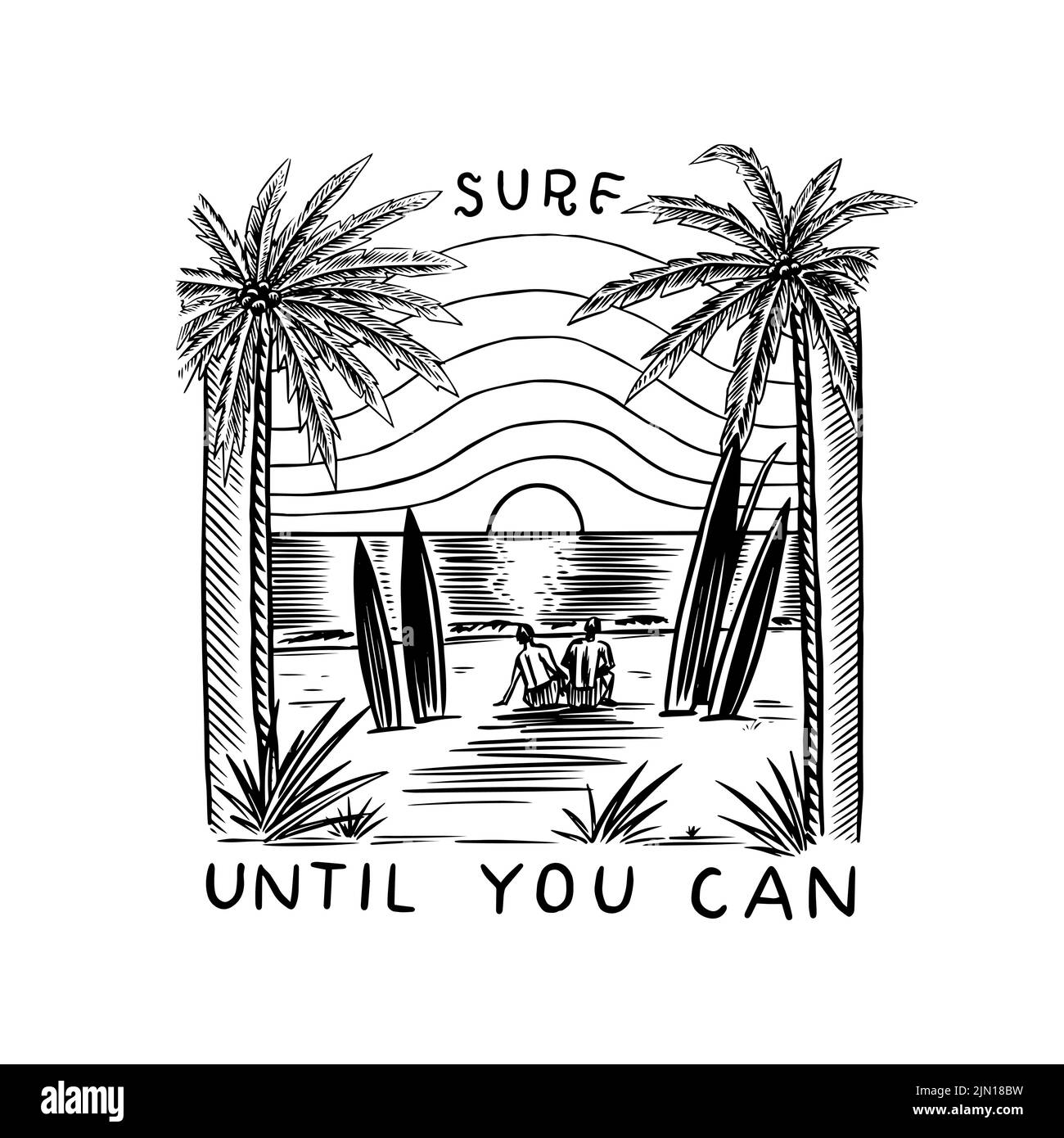 Paysage tropical marin avec planches de surf sur fond de coucher de soleil et palmiers. Badge surf. Wave rétro. Logo vintage. Été Californie Illustration de Vecteur