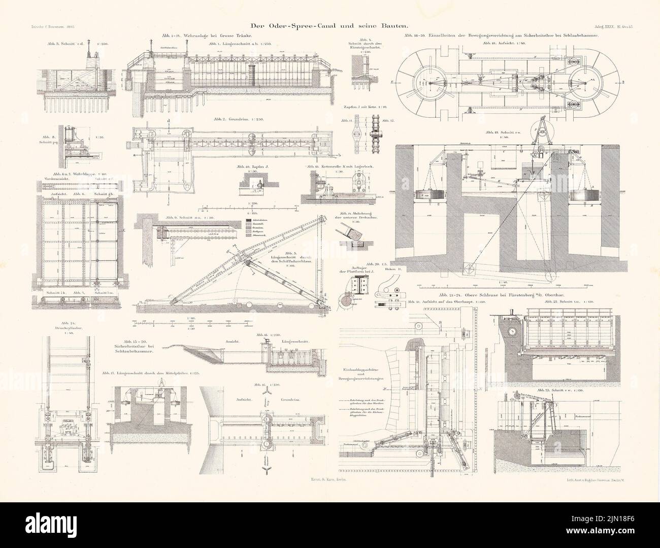 N.N., canal Oder-Spree. Schleuse, Fürstenberg/Oder. (De : Atlas au magazine for Building, éd. V. Ministry of public Works, JG. 40, 1890): plans d'étage, coupes, détails. Lithographie sur papier, 45,5 x 59,7 cm (bord de numérisation inclus). Musée de l'architecture de l'Université technique de Berlin Inv. ZFB 40,064. N.N. : Oder-Spree-Kanal. Schleuse, Fürstenberg/Oder. (AUS: Atlas zur Zeitschrift für Bauwesen, hrsg. V. Ministerium der öffentlichen Arbeiten, JG. 40, 1890) Banque D'Images