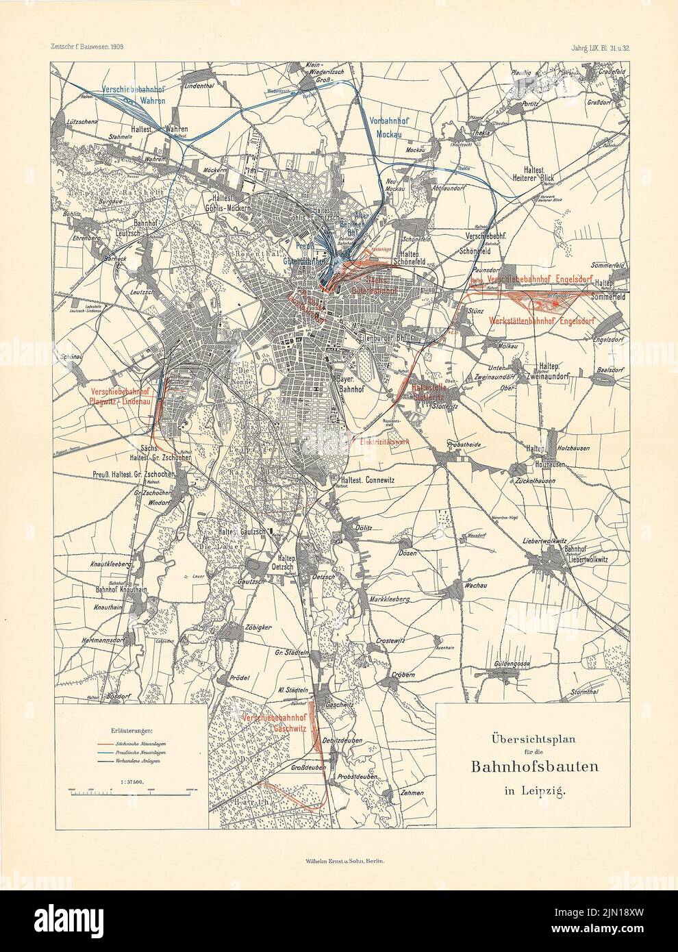 N.N., bâtiment de la gare, Leipzig. (De : Atlas à la revue for Building, éd. V. Ministry of public Work, JG. 59, 1909) (1909-1909): Ministère. Imprimer en couleur sur du papier, 59,7 x 45,5 cm (y compris les bords de numérisation) N. : Bahnhofsbauten, Leipzig. (AUS: Atlas zur Zeitschrift für Bauwesen, hrsg. V. Ministerium der öffentlichen Arbeiten, JG. 59, 1909) Banque D'Images