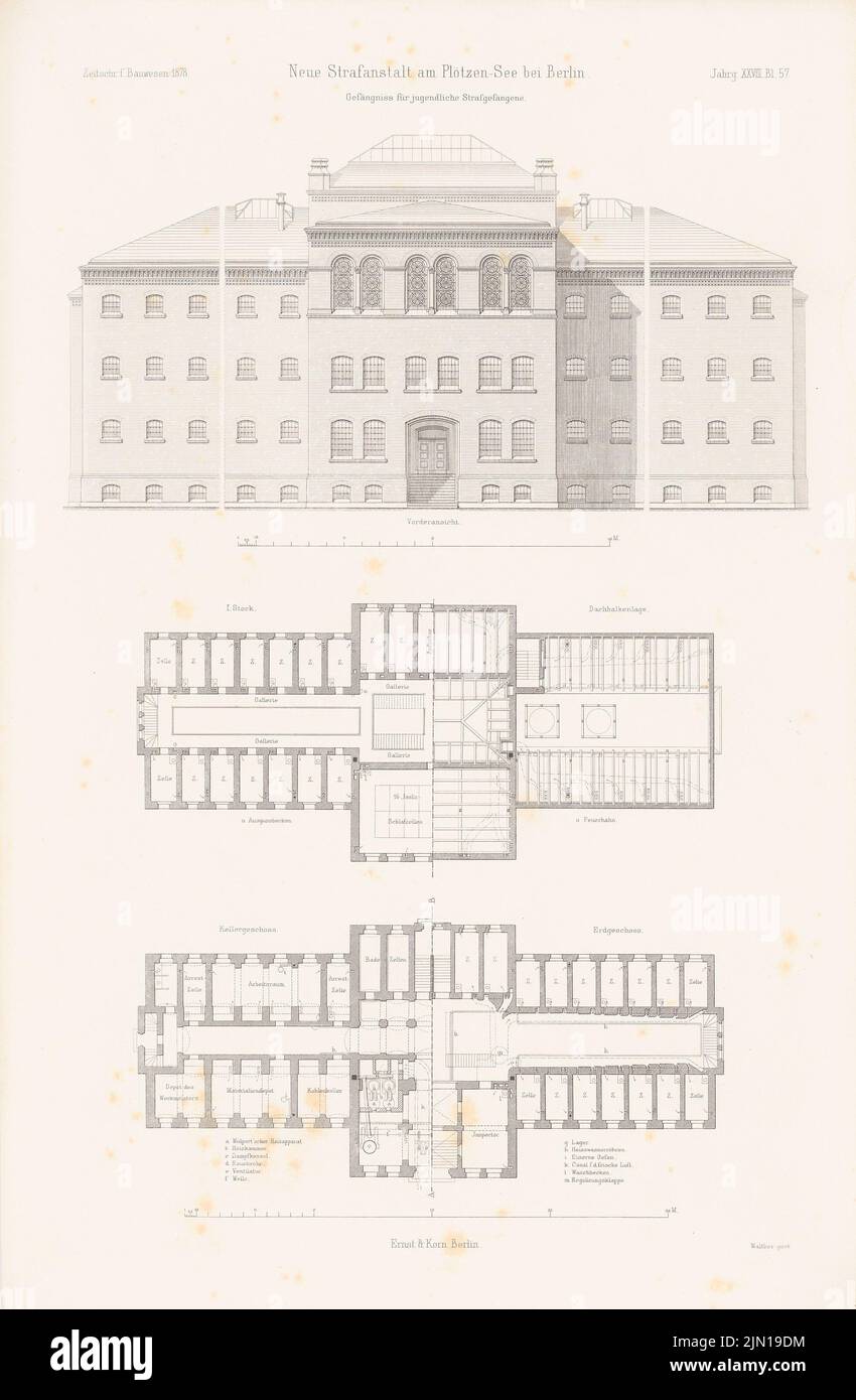 N.N., Neue Kunzte Plötzensee, Berlin. (De : Atlas au magazine for Building, éd. V. G. Erbkam, JG. 28, 1878) (1878-1878): Grundliss Keller, EG, 1st étage, position de faisceau, bâtiment de vue avant pour les jeunes prisonniers. Couture sur papier, 45,5 x 29,8 cm (y compris les bords de balayage) Spieker Paul (1826-1896): Strafgefängnis Plötzensee, Berlin-Charlottenburg. (AUS: Atlas zur Zeitschrift für Bauwesen, hrsg. V. G. Erbkam, JG. 28, 1878) Banque D'Images