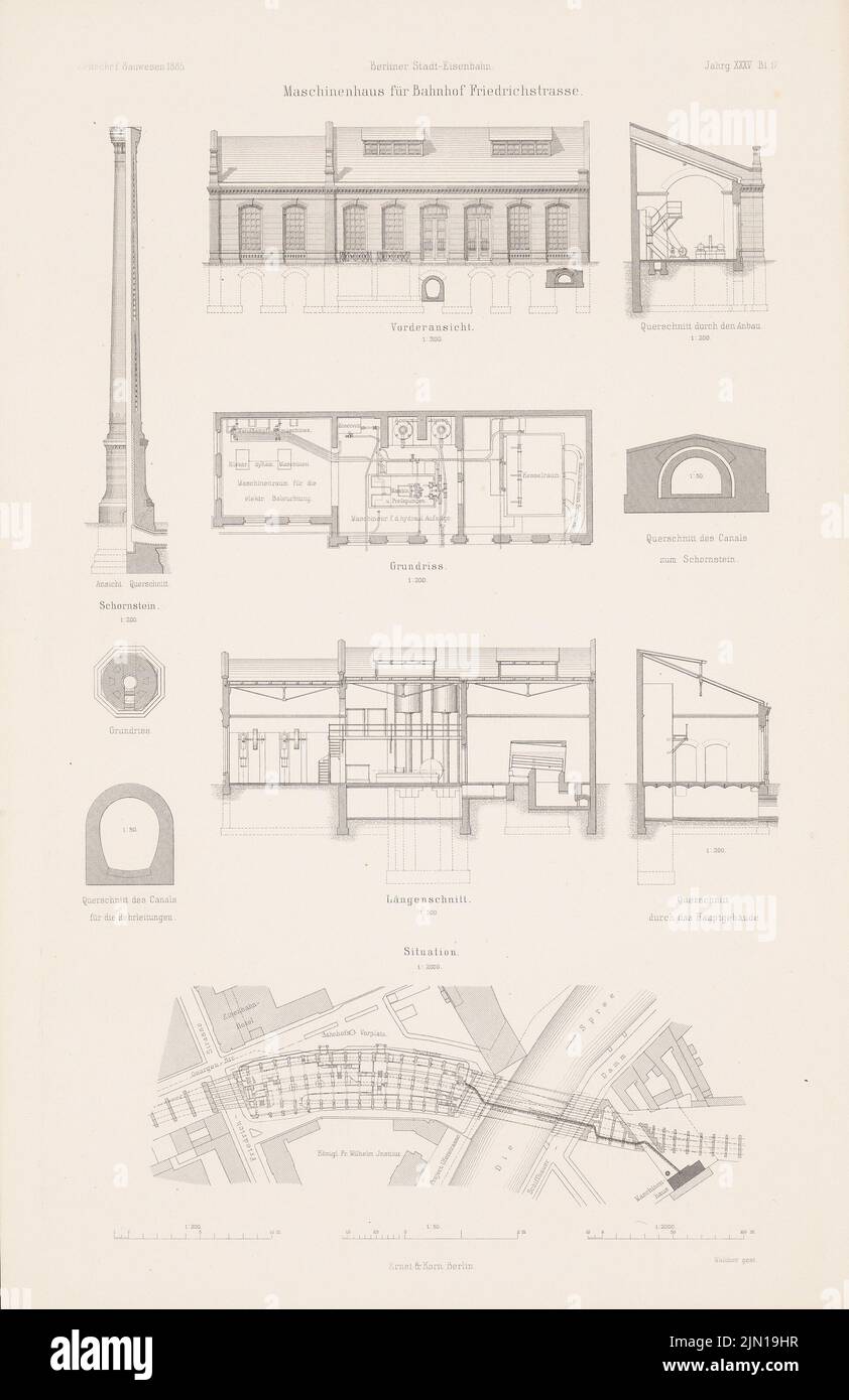 N.N., Bahnhof Friedrichstrasse, Berlin. (De : Atlas au magazine for Building, éd. V.F. Endell, JG. 35, 1885.) (1885-1885): plan du site, plan du sol, vue de face, section longitudinale, détails machine house. Point sur papier, 45,4 x 29,4 cm (y compris les bords de balayage) Vollmer Johannes (1845-1920): Bahnhof Friedrichstraße, Berlin. (AUS: Atlas zur Zeitschrift für Bauwesen, hrsg. V. F. Endell, JG. 35, 1885) Banque D'Images
