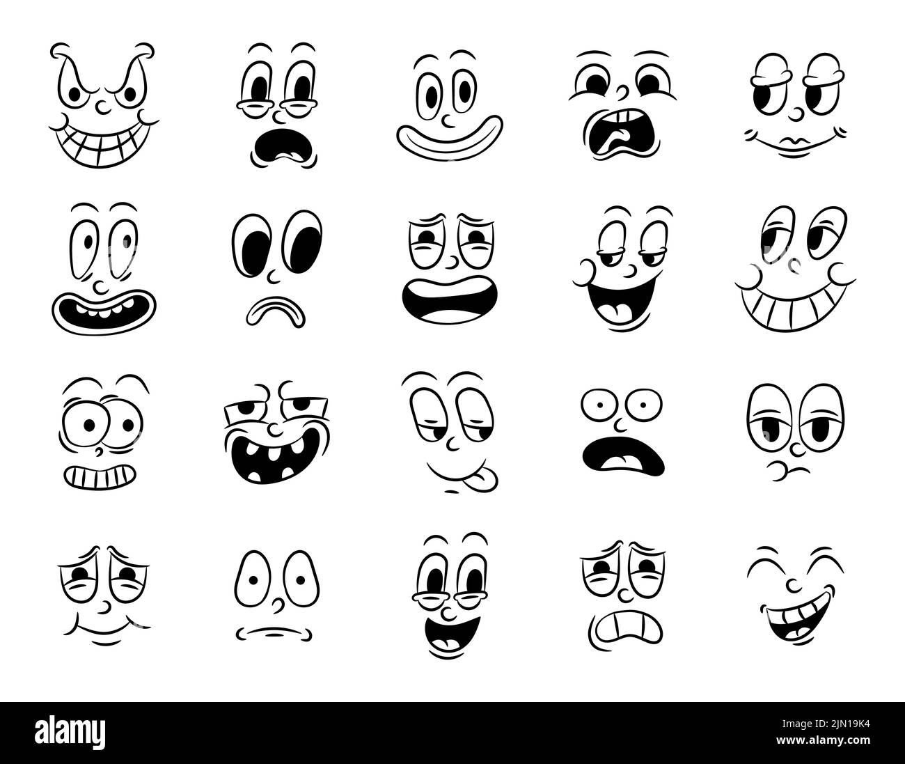 Collection d'animation traditionnelle rétro. Vintage visages de personnes avec des émotions différentes de la 20s 30s. Expressions de caractères emoji 50s Illustration de Vecteur